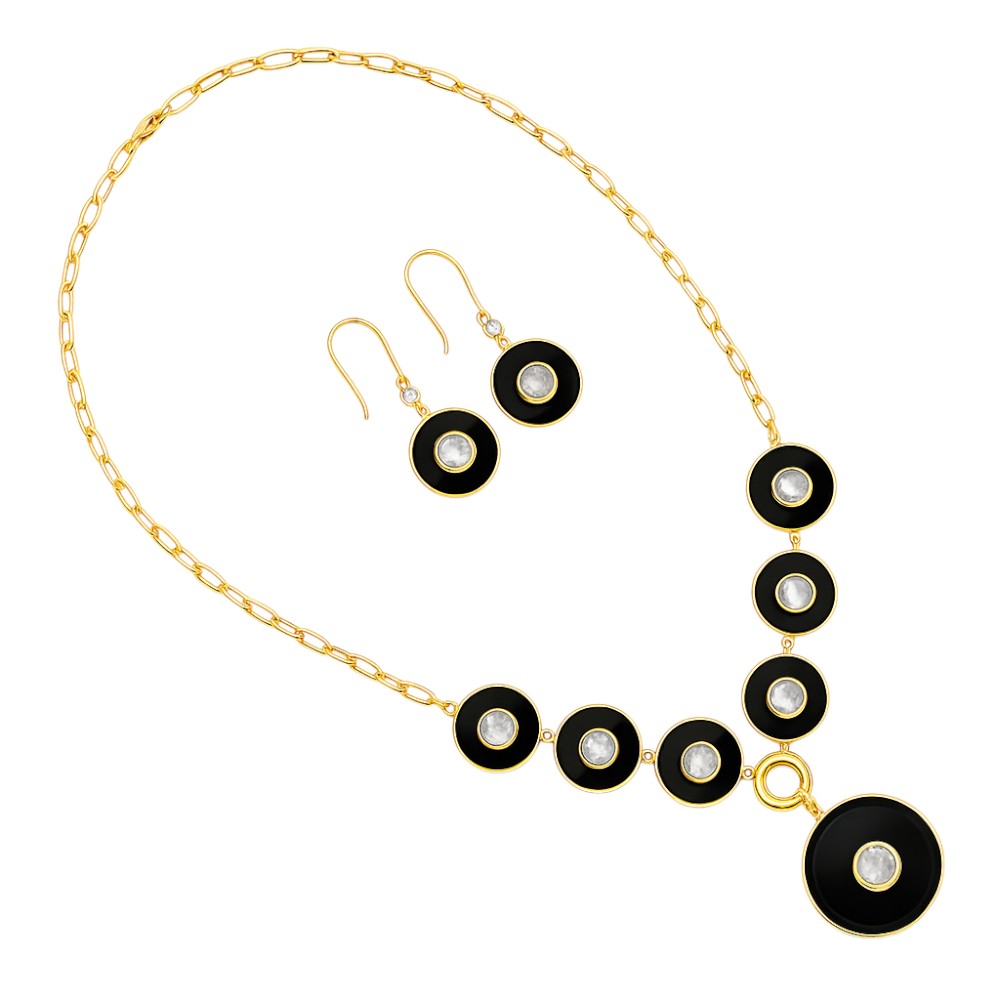18K Gold Plated Black Onyx and Rainbow Moonstone Necklace Earrings Set TT01011-1