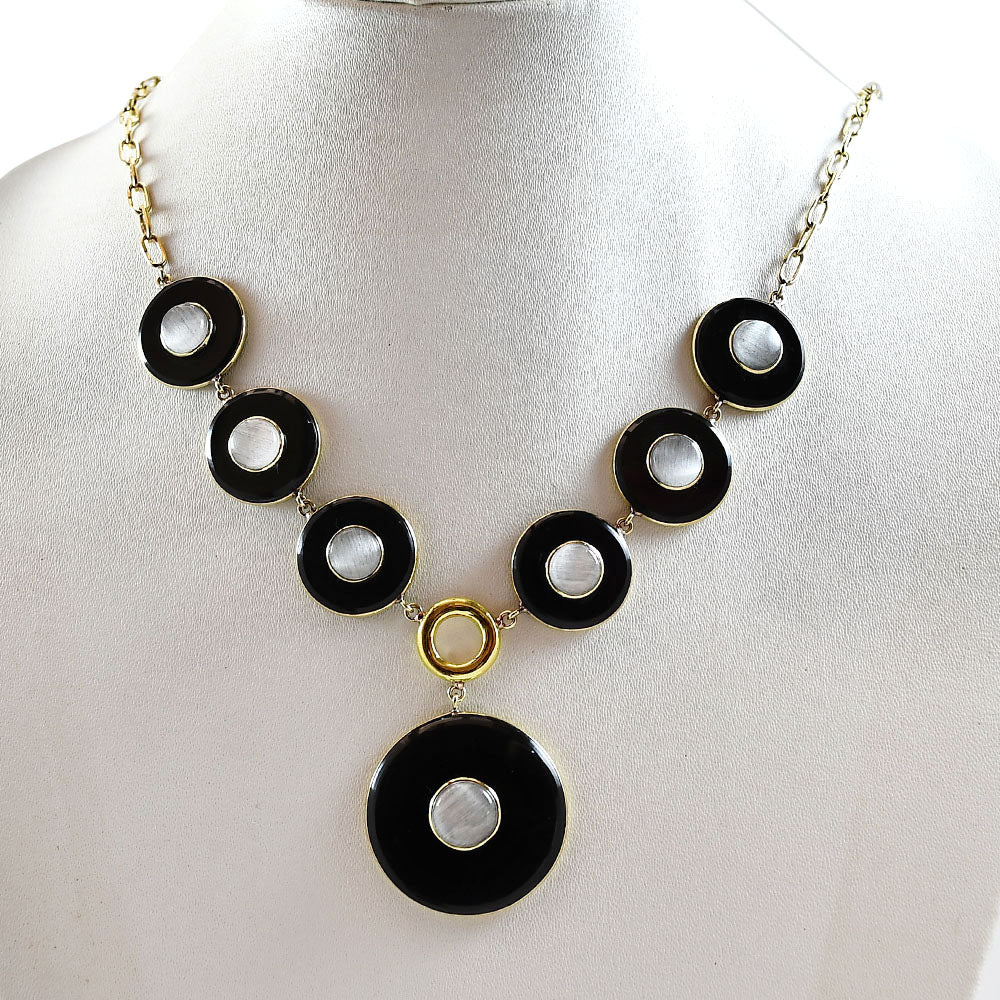 18K Gold Plated Black Onyx and Rainbow Moonstone Necklace Earrings Set TT01011-3