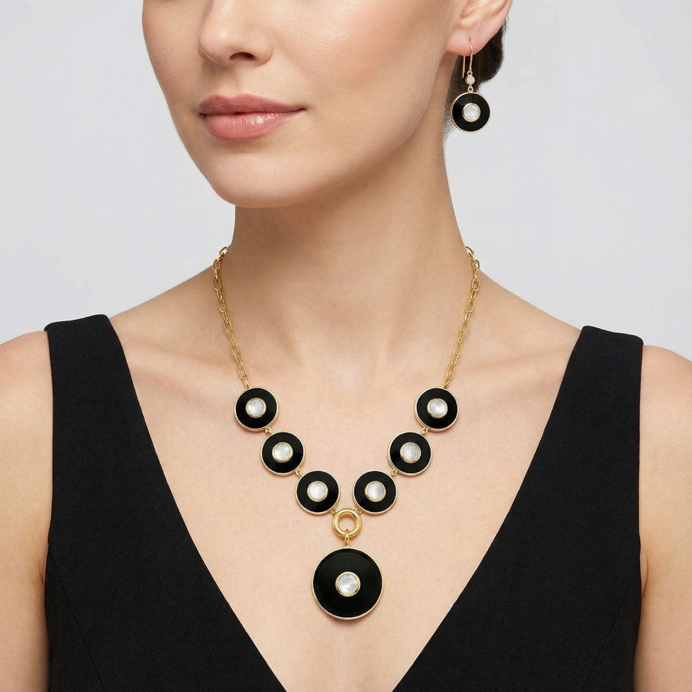 18K Gold Plated Black Onyx and Rainbow Moonstone Necklace Earrings Set TT01011-0