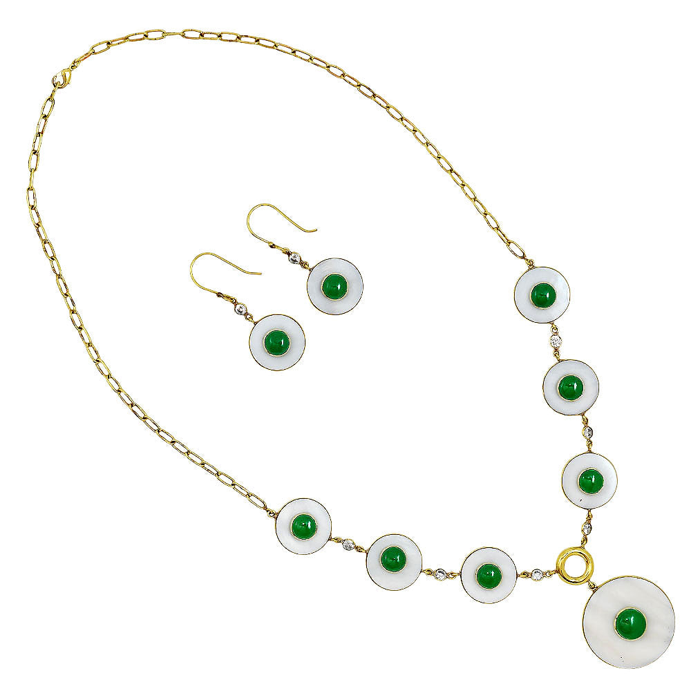 18K Gold Plated Mother Of Pearl, Green Onyx & Zircon Necklace Earrings Set TT01024-1