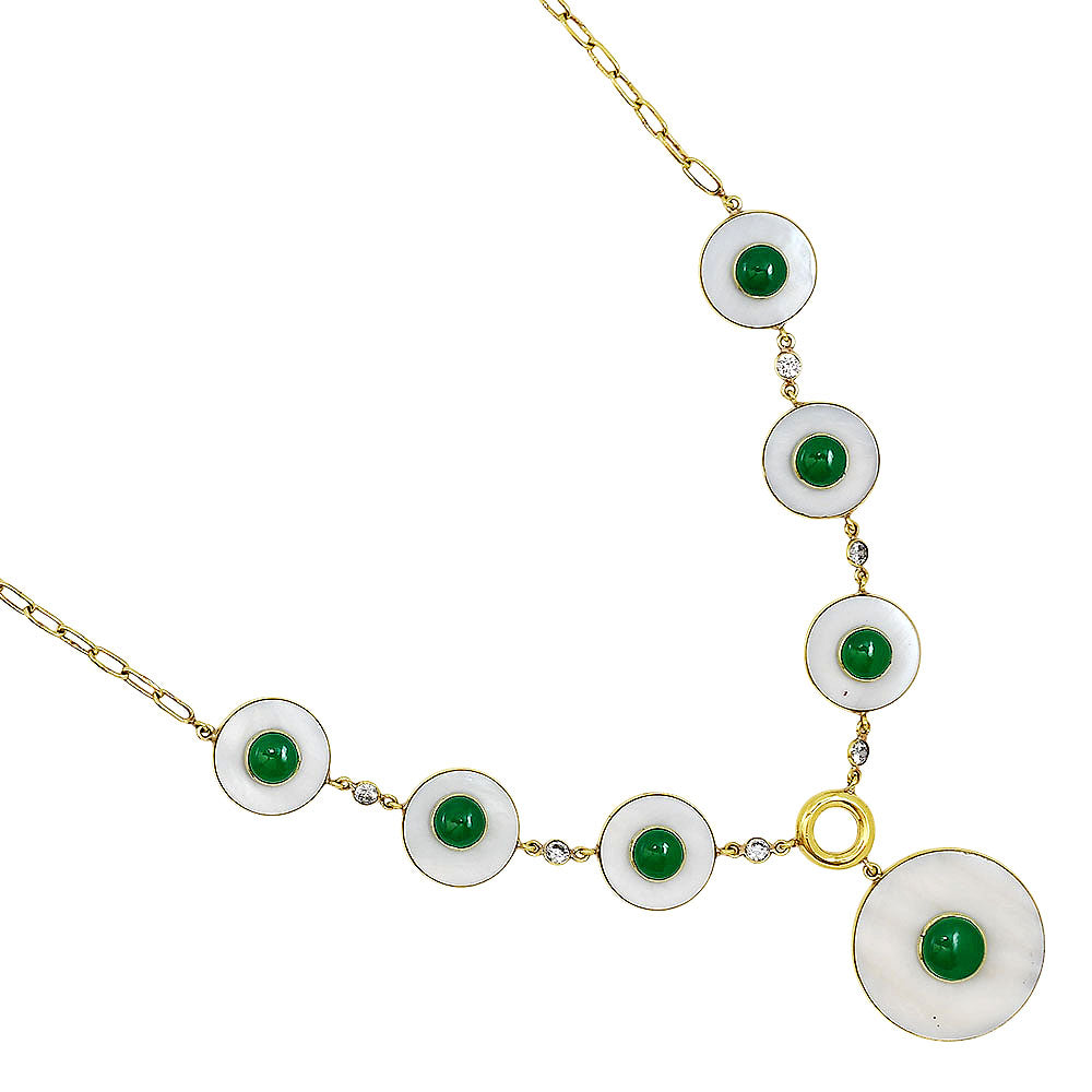 18K Gold Plated Mother Of Pearl, Green Onyx & Zircon Necklace Earrings Set TT01024-2