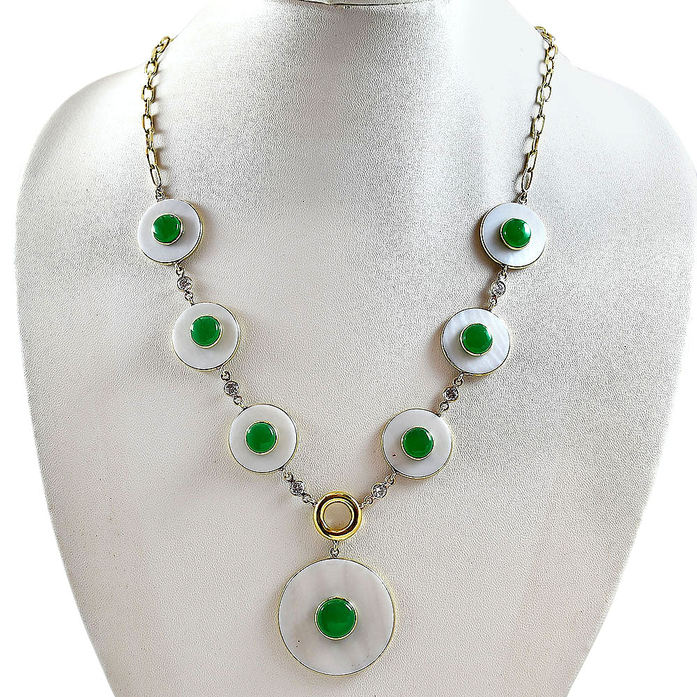 18K Gold Plated Mother Of Pearl, Green Onyx & Zircon Necklace Earrings Set TT01024-3