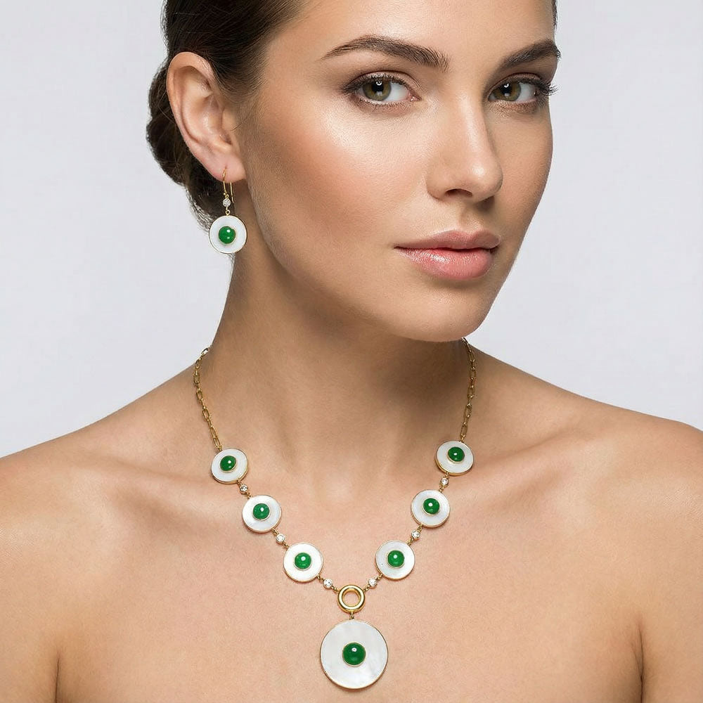 18K Gold Plated Mother Of Pearl, Green Onyx & Zircon Necklace Earrings Set TT01024-0