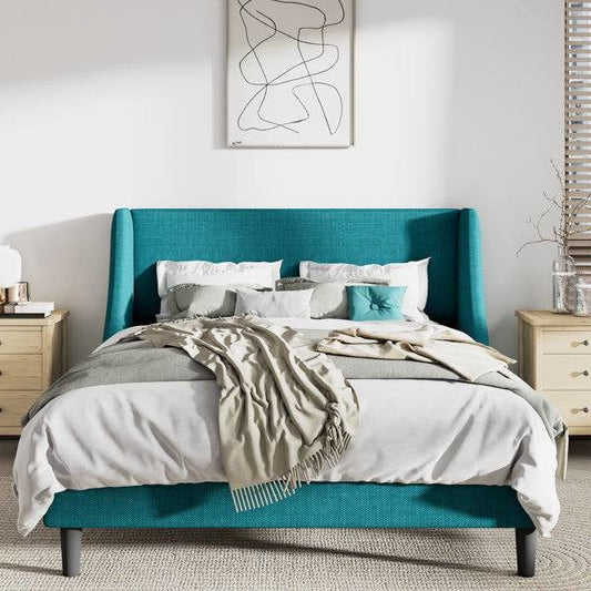 Queen Size Turquoise Linen Blend Upholstered Platform Bed with Wingback Headboard-0