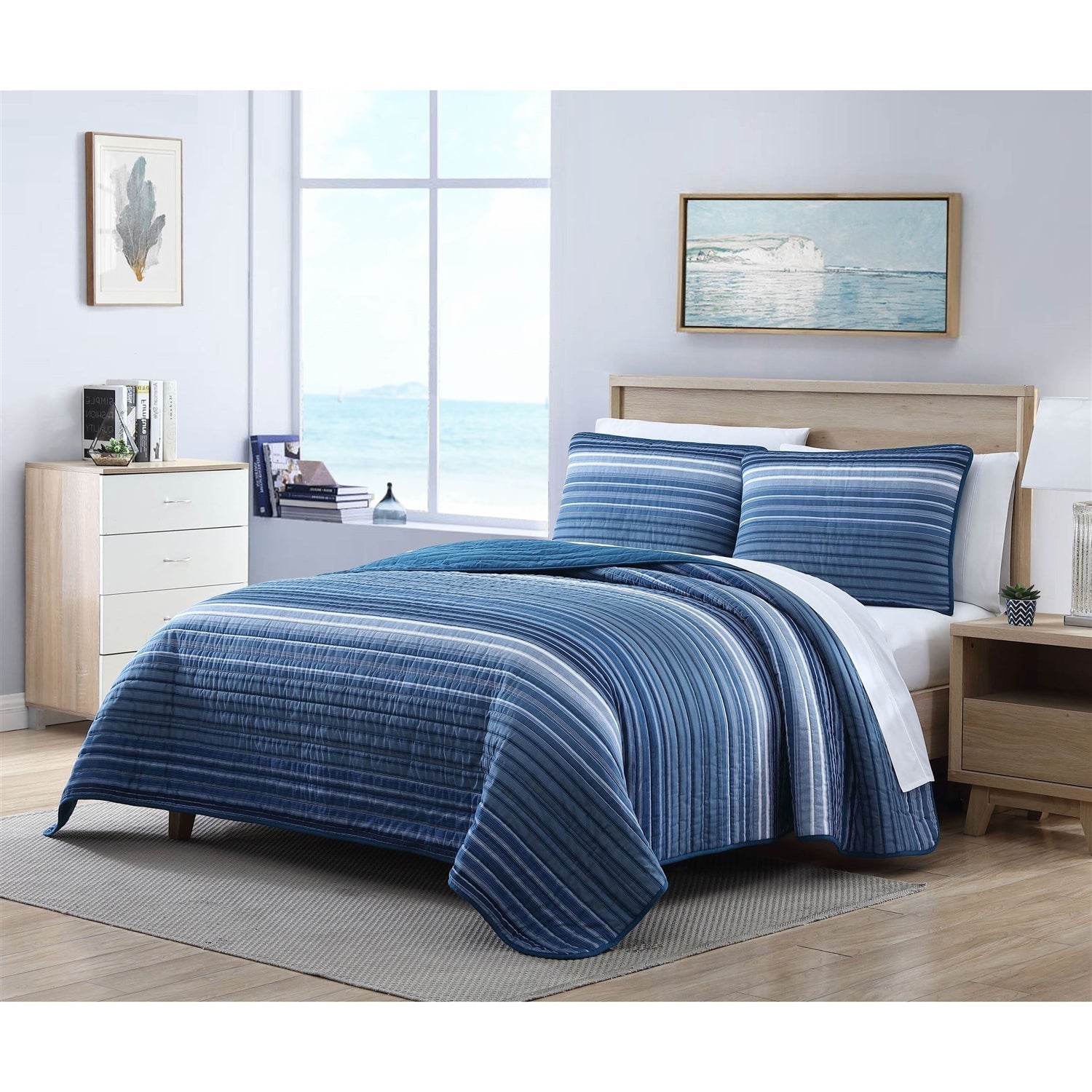 Twin Size Coastal Blue Stripe Reversible  Cotton Quilt Set-0