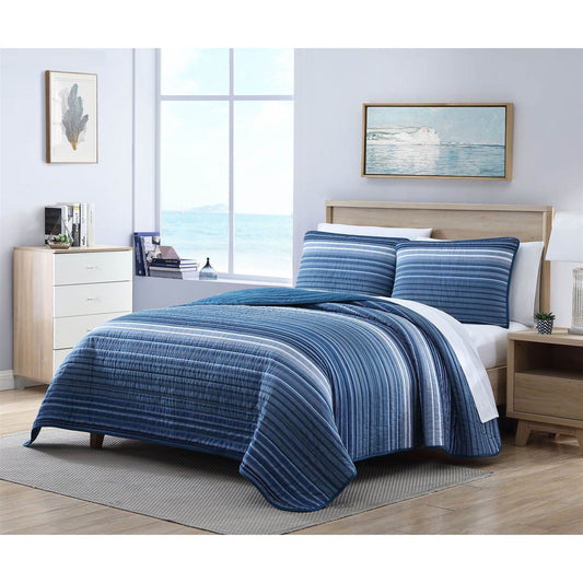 Twin Size Coastal Blue Stripe Reversible  Cotton Quilt Set-0
