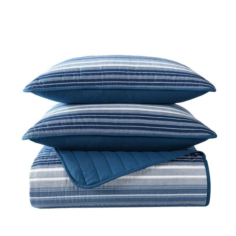 Twin Size Coastal Blue Stripe Reversible  Cotton Quilt Set-1