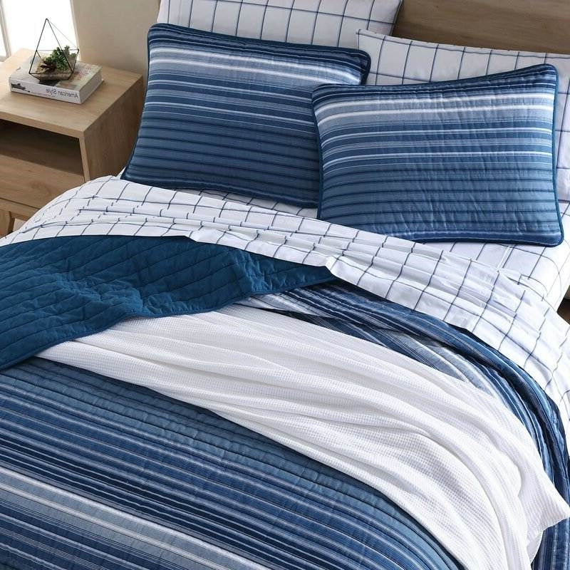 Twin Size Coastal Blue Stripe Reversible  Cotton Quilt Set-2
