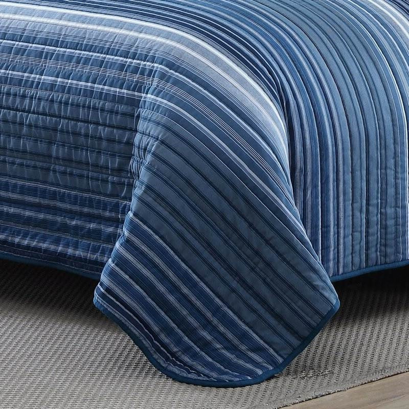 Twin Size Coastal Blue Stripe Reversible  Cotton Quilt Set-3