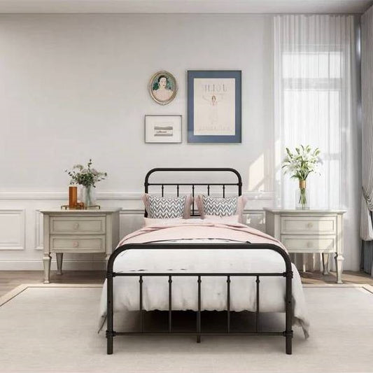 Twin size Farmhouse Black Metal Bed Frame with Rounded Headboard Footboard-0