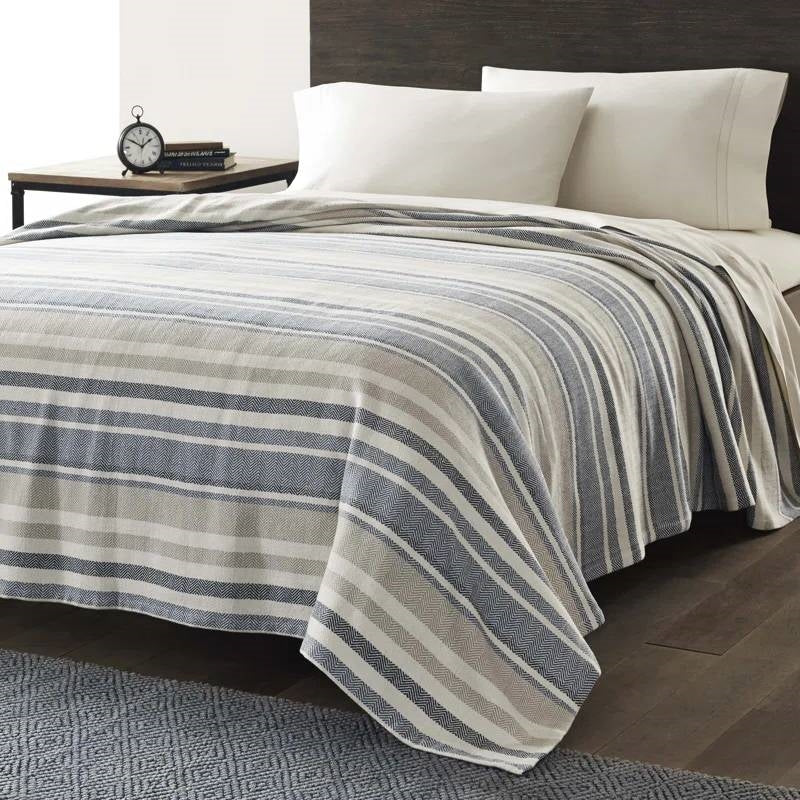 Twin size Navy Blue Tan Cream Chevron Stripe Lightweight Cotton Blanket-0