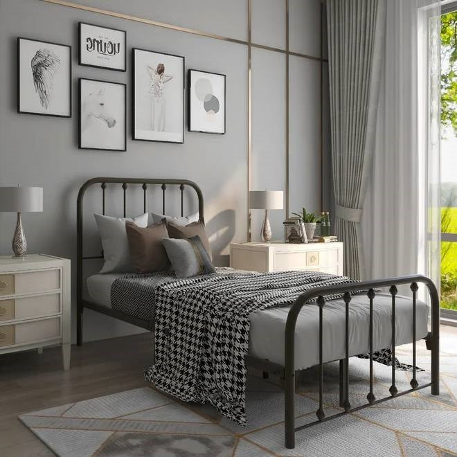 Twin Black Metal Bed Frame with Slatted Rounded Corners Headboard and Footboard-0