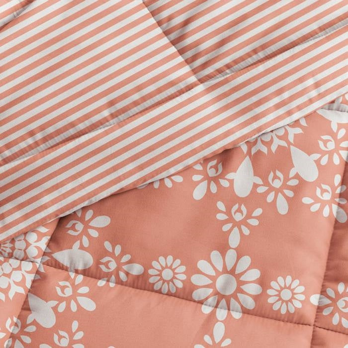 Twin 2 Piece Clay and White Reversible Daisy Medallion Striped Comforter Set-4