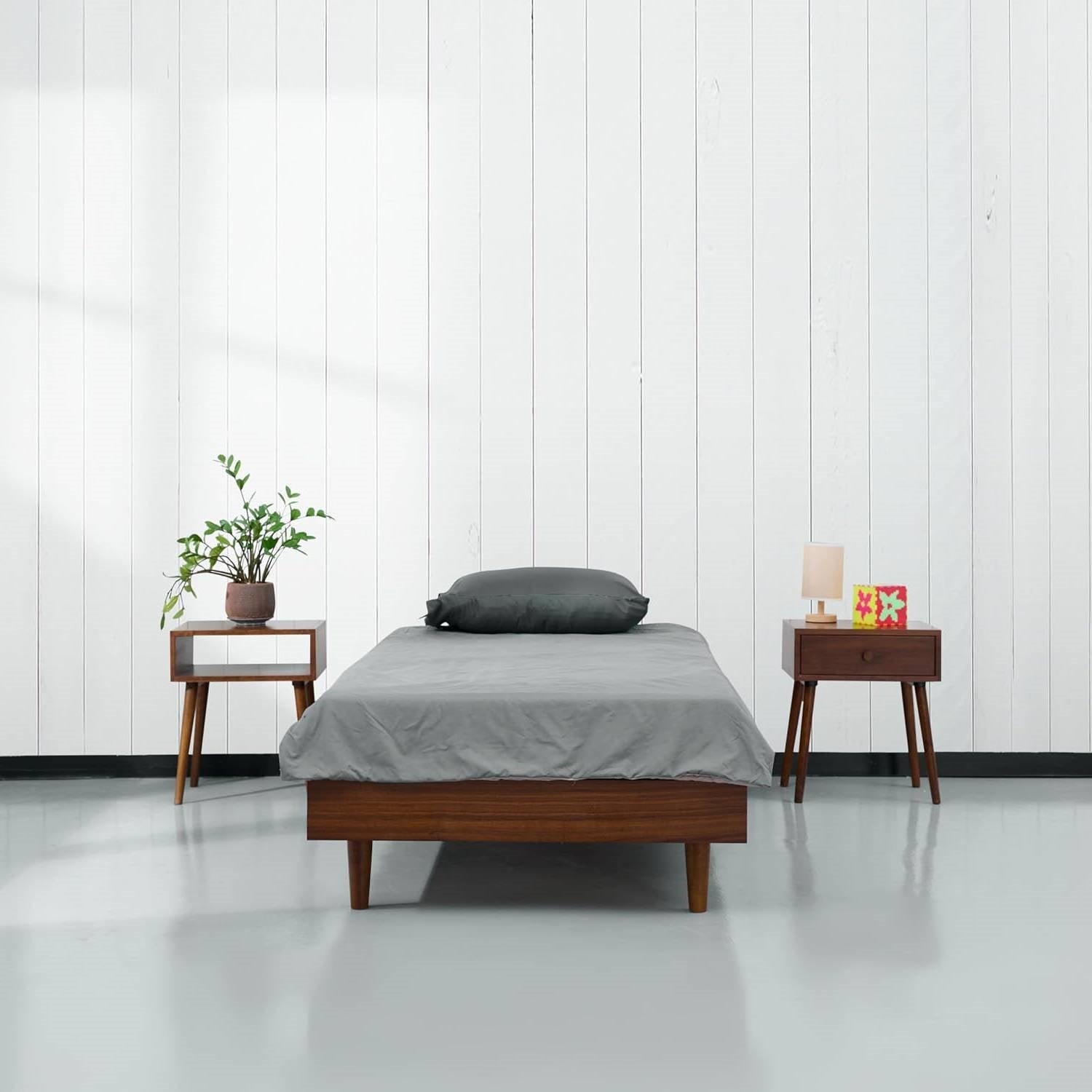 Twin size Mid-Century Modern Platform Bed Frame in Dark Brown Wood Finish-1
