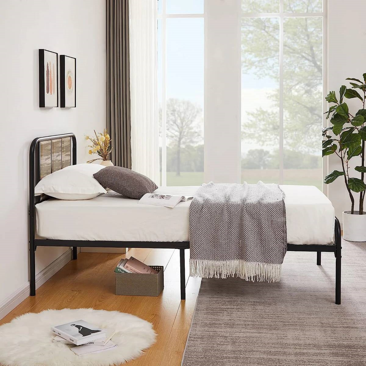 Twin Grey Wood Metal Platform Bed Frame with Rounded Headboard Footboard-2