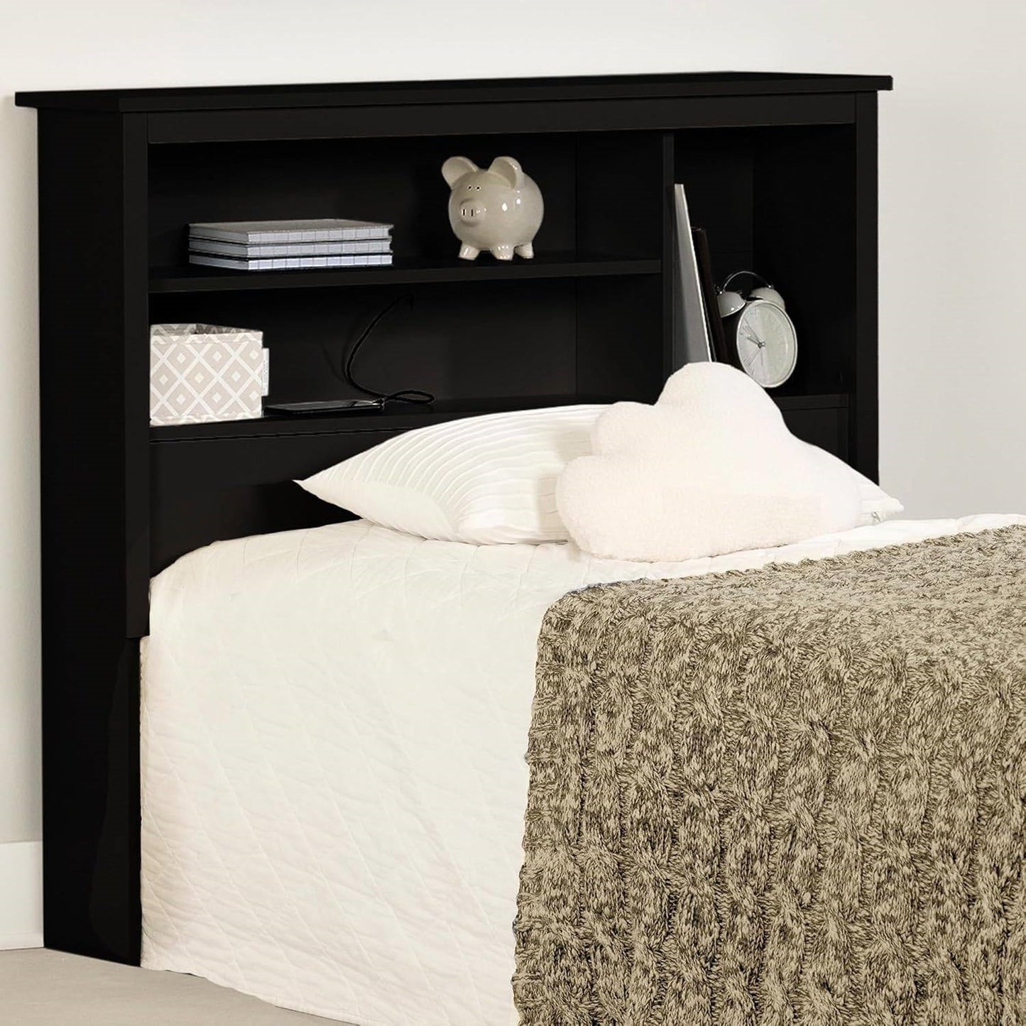 Twin size Modern Bookcase Headboard in Black Wood Finish-1