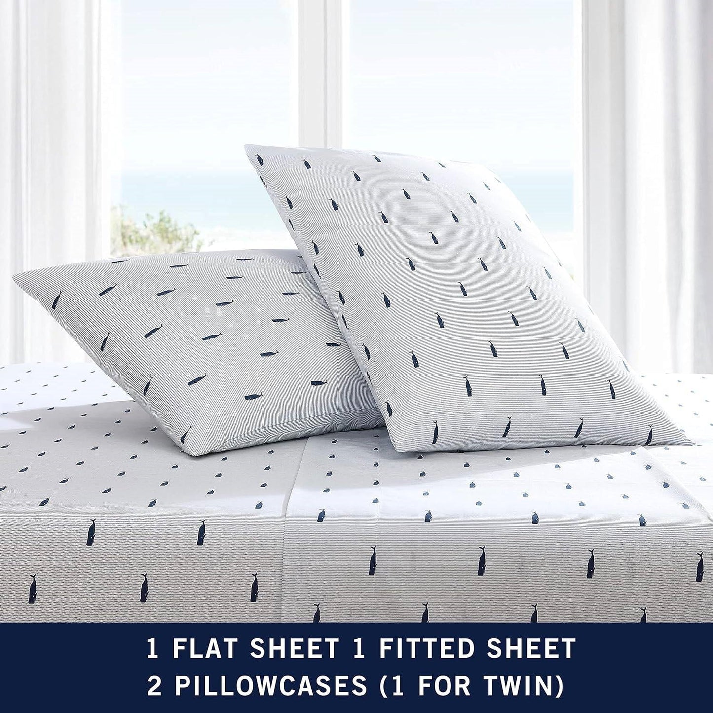 Twin size Coastal Beach 100-Percent Cotton Navy Blue White Stripe Sheet Set-4