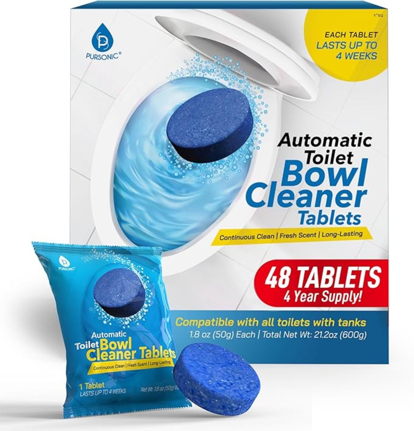 Automatic Toilet Bowl Cleaner Tablets Blue Gel Toilet Tank Cleaners, Septic-Safe Hard Water Ring Stain Remover, Smell Eliminator Heavy Duty Toilet Cleaning & Deodorizer, Fresh Scent - 48 Tabs-0