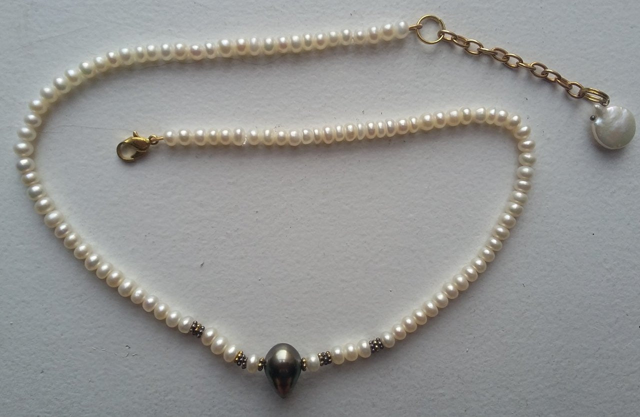 Tahitian Pearl necklace-  Side drilled teardrop baroque on Chinese button pearls.-4