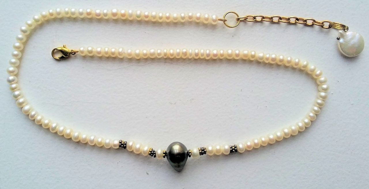 Tahitian Pearl necklace-  Side drilled teardrop baroque on Chinese button pearls.-2