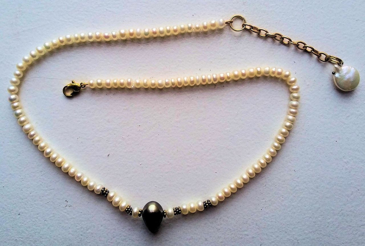 Tahitian Pearl necklace-  Side drilled teardrop baroque on Chinese button pearls.-6