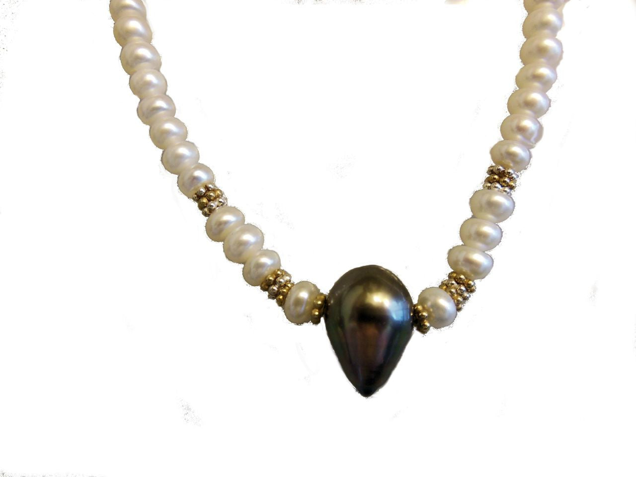 Tahitian Pearl necklace-  Side drilled teardrop baroque on Chinese button pearls.-5