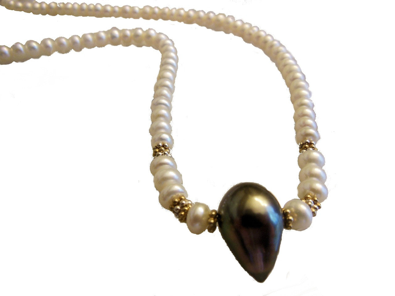 Tahitian Pearl necklace-  Side drilled teardrop baroque on Chinese button pearls.-8