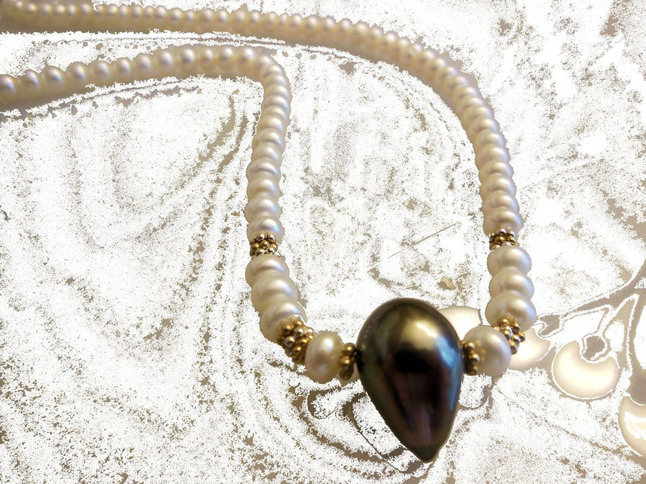 Tahitian Pearl necklace-  Side drilled teardrop baroque on Chinese button pearls.-9