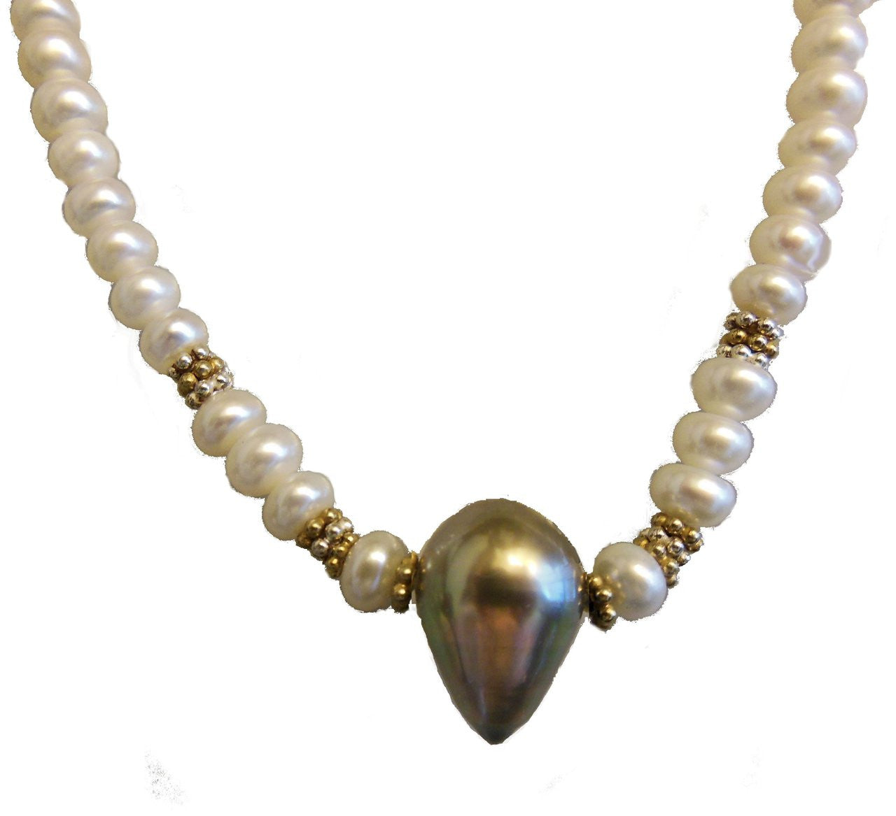 Tahitian Pearl necklace-  Side drilled teardrop baroque on Chinese button pearls.-1
