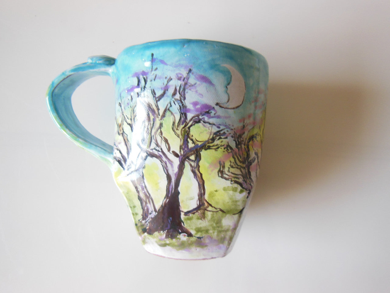 Tamara S Gordon Ceramics. Pastel hand painted trees on giant mug-3