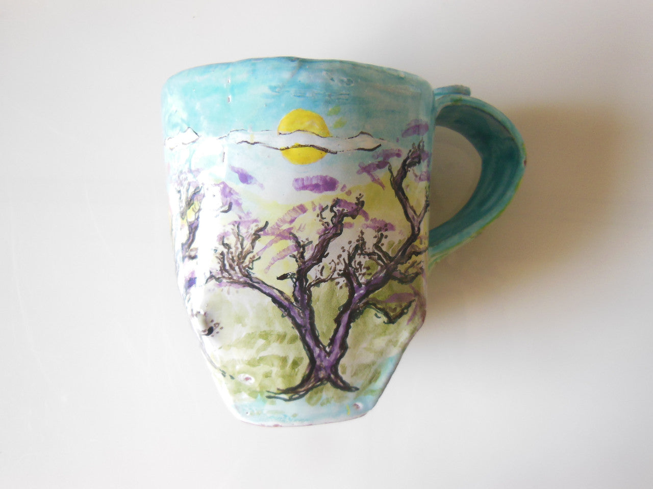 Tamara S Gordon Ceramics. Pastel hand painted trees on giant mug-2
