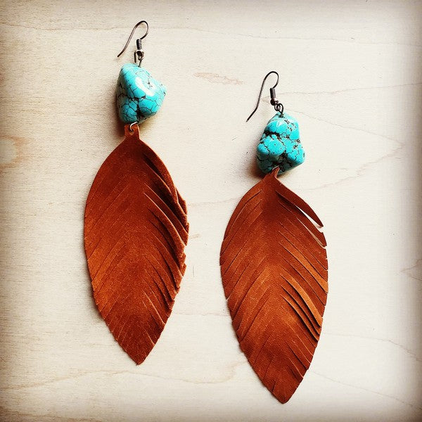Tan Suede Feather Earrings with Turquoise Chunks Genuine leather earrings Turquoise Gemstone Chunks 