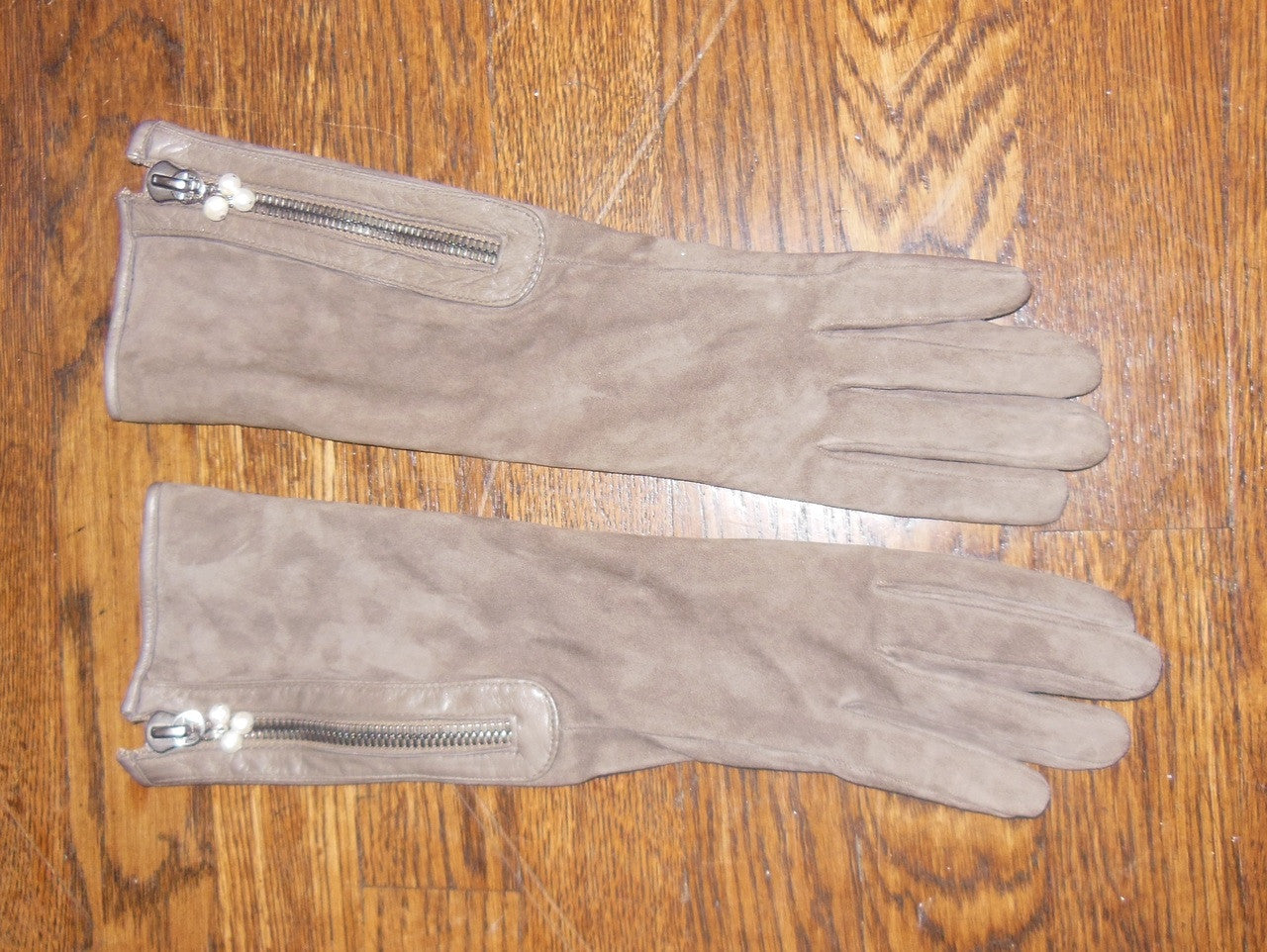 Taupe Suede Gloves with Genuine Pearl Cluster as Zipper Pull-8