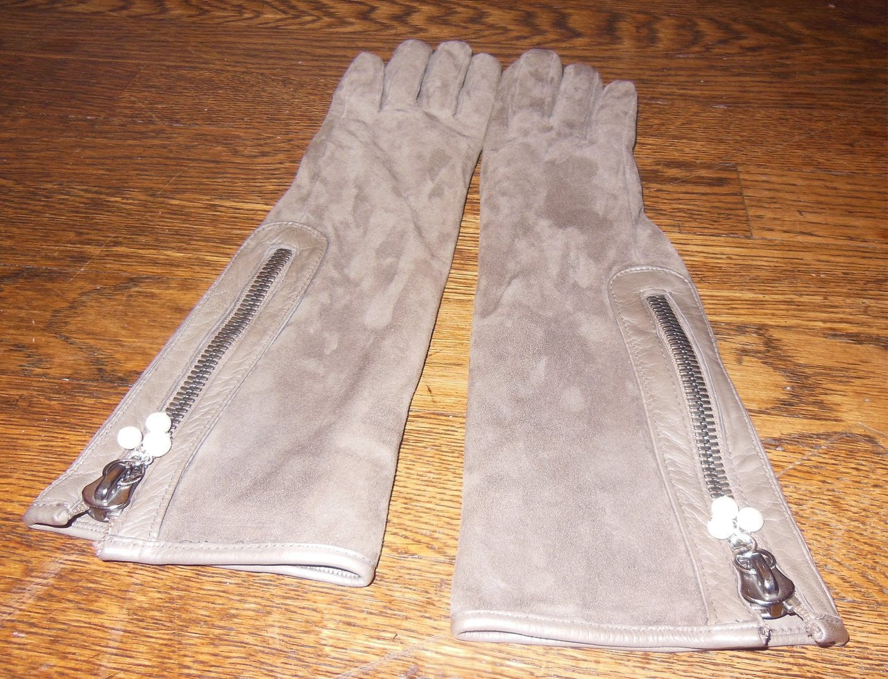 Taupe Suede Gloves with Genuine Pearl Cluster as Zipper Pull-6