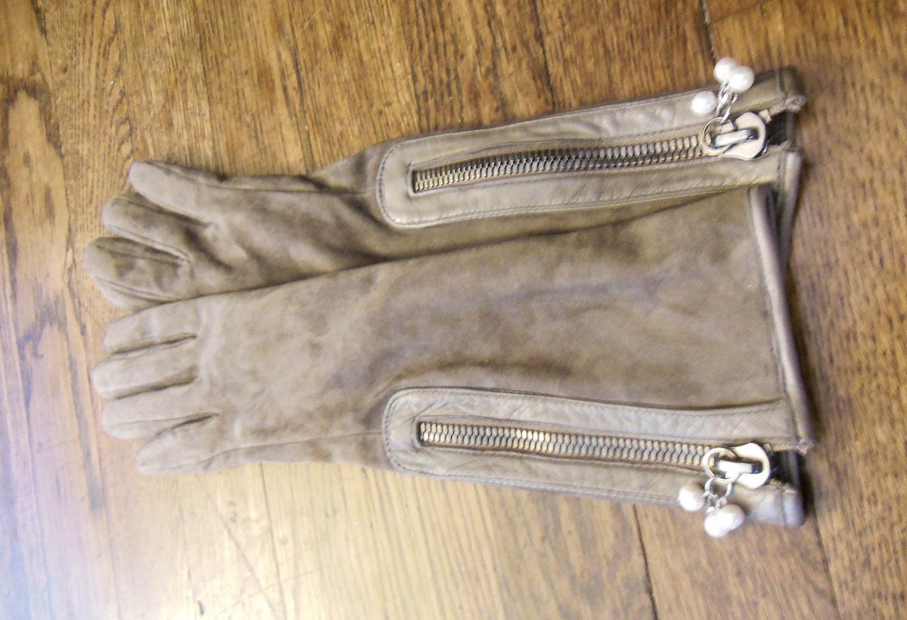 Taupe Suede Gloves with Genuine Pearl Cluster as Zipper Pull-9