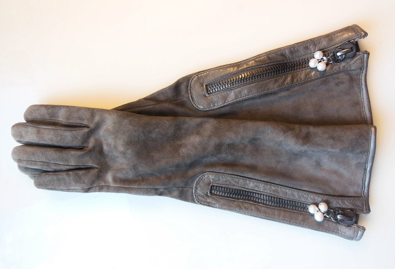 Taupe Suede Gloves with Genuine Pearl Cluster as Zipper Pull-4