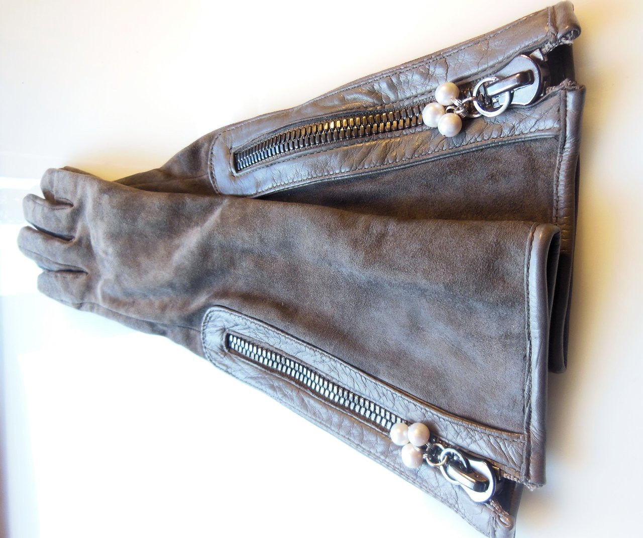 Taupe Suede Gloves with Genuine Pearl Cluster as Zipper Pull-7