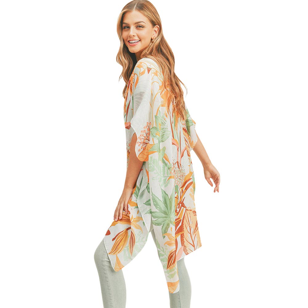 Flower Leaf Print Cover Up Kimono Poncho