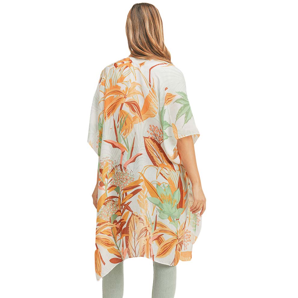 Flower Leaf Print Cover Up Kimono Poncho