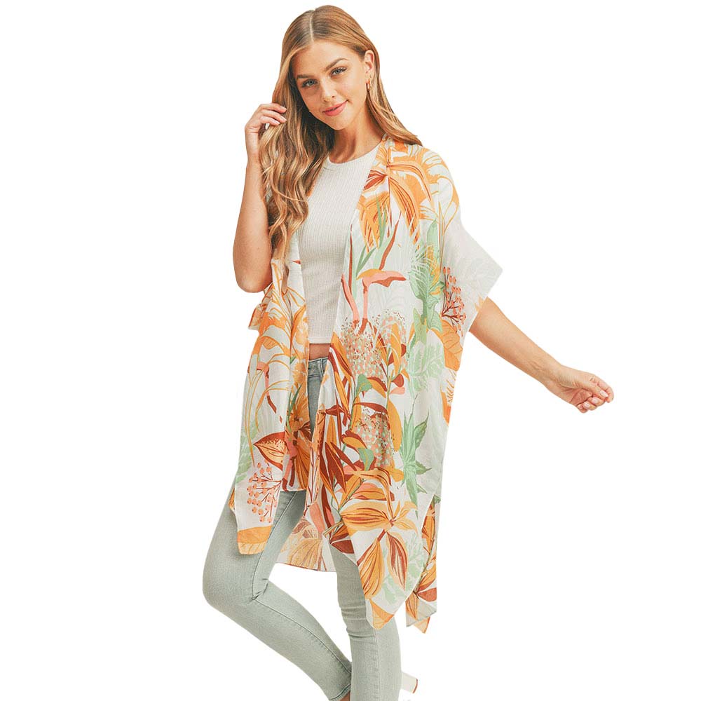 Flower Leaf Print Cover Up Kimono Poncho