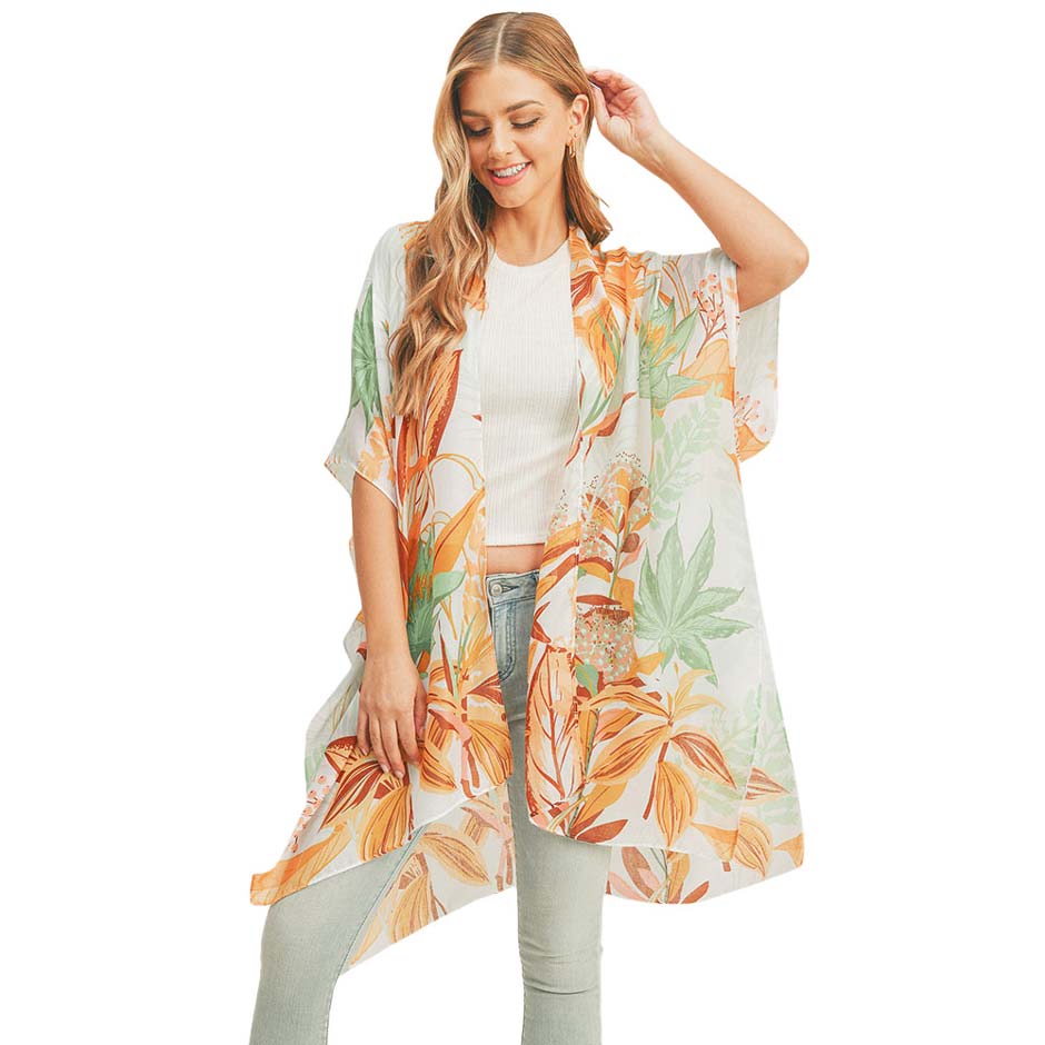 Flower Leaf Print Cover Up Kimono Poncho