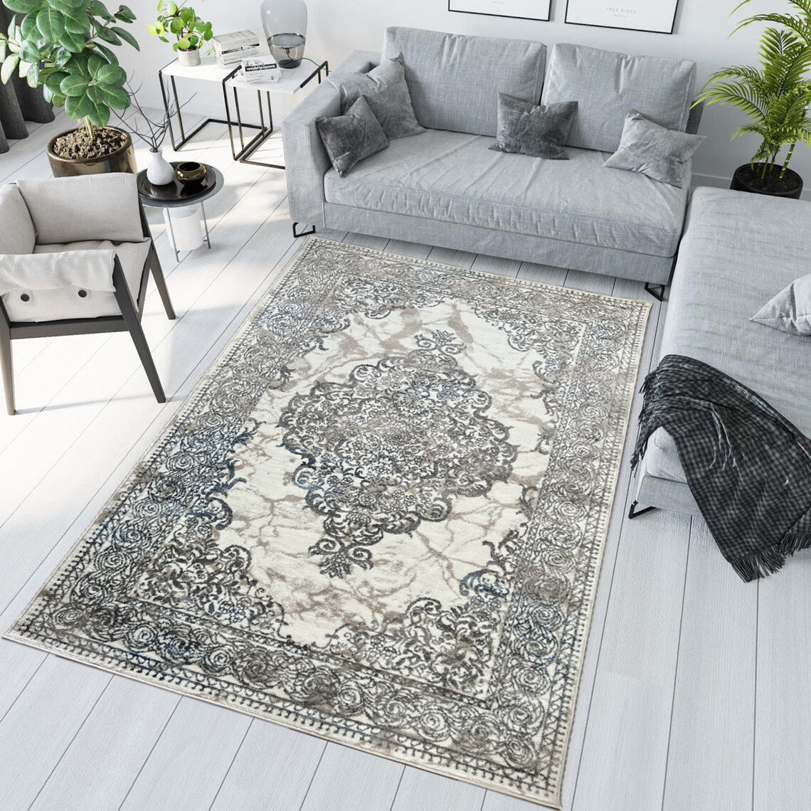 ROY's Home One Level Area Rugs, Classic Pattern - Shiny Ivory,Grey,Beige Yarn-2