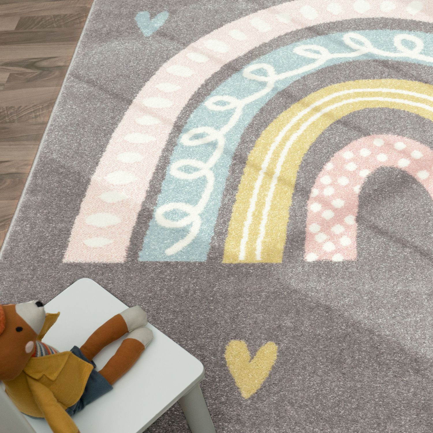 Kids Rug Nino with Rainbow and Hearts for Nursery in Grey-1