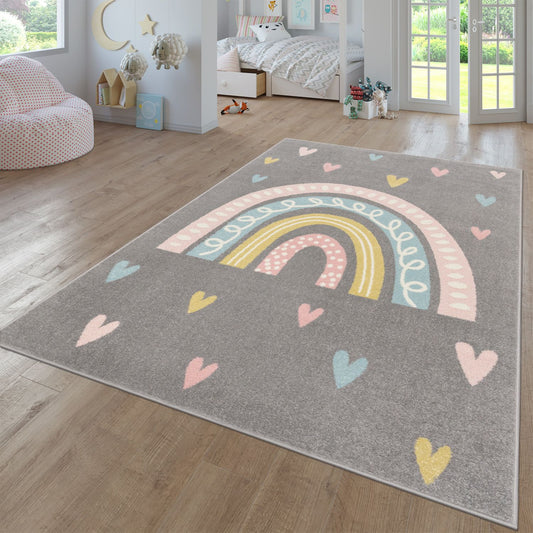 Kids Rug Nino with Rainbow and Hearts for Nursery in Grey-0