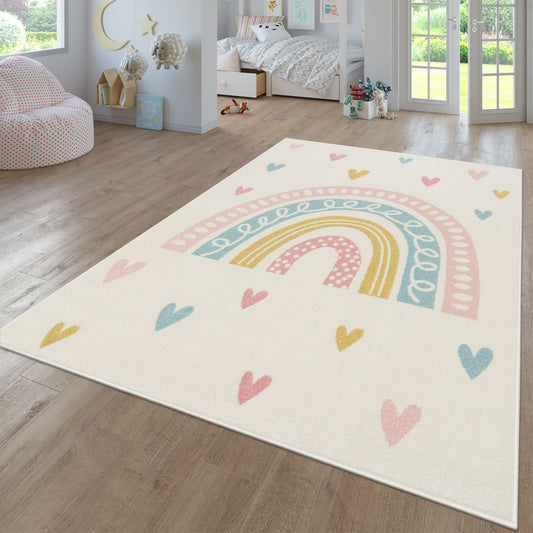Kids Rug Nino with Rainbow and Hearts for Nursery in Cream-0