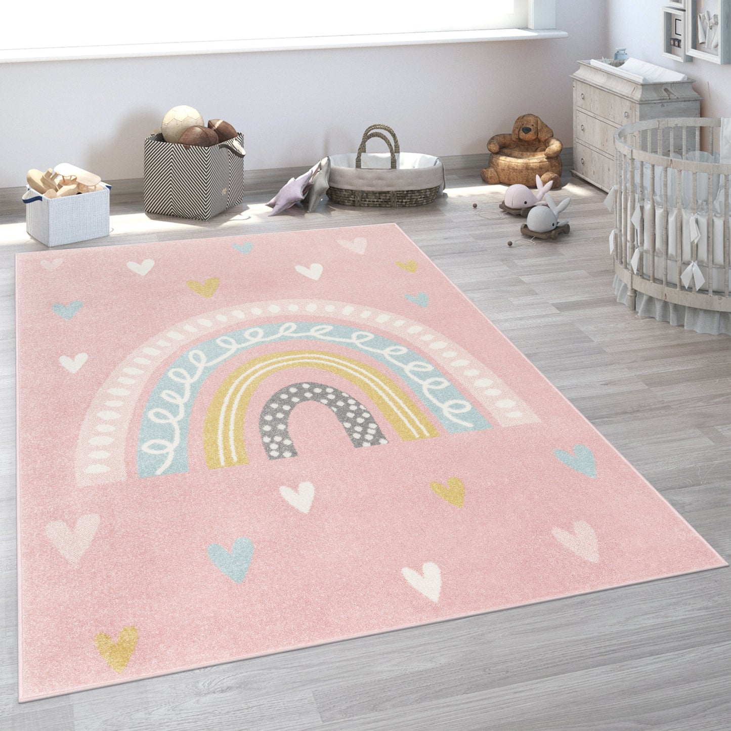 Kids Rug Nino with Rainbow and Hearts for Nursery in Pink-4