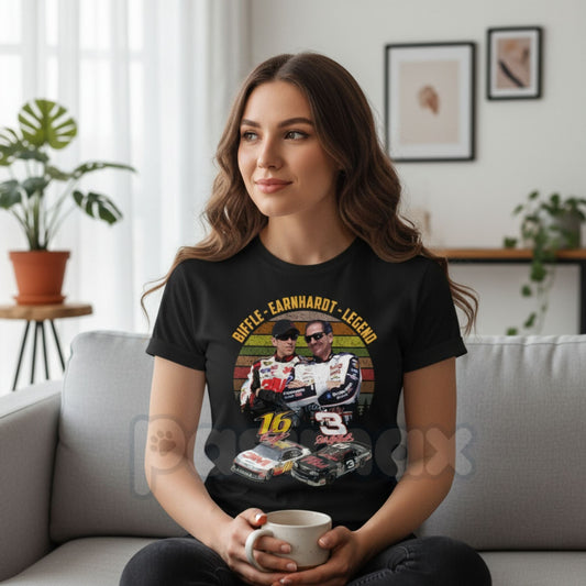 The Biff #16 & Earnhardt "Legends Never Die" T-Shirt - Vintage Racing Graphic Tee, Classic NASCAR Inspired Fan Apparel, Greg Biffle & Dale Earnhardt Tribute Shirt
