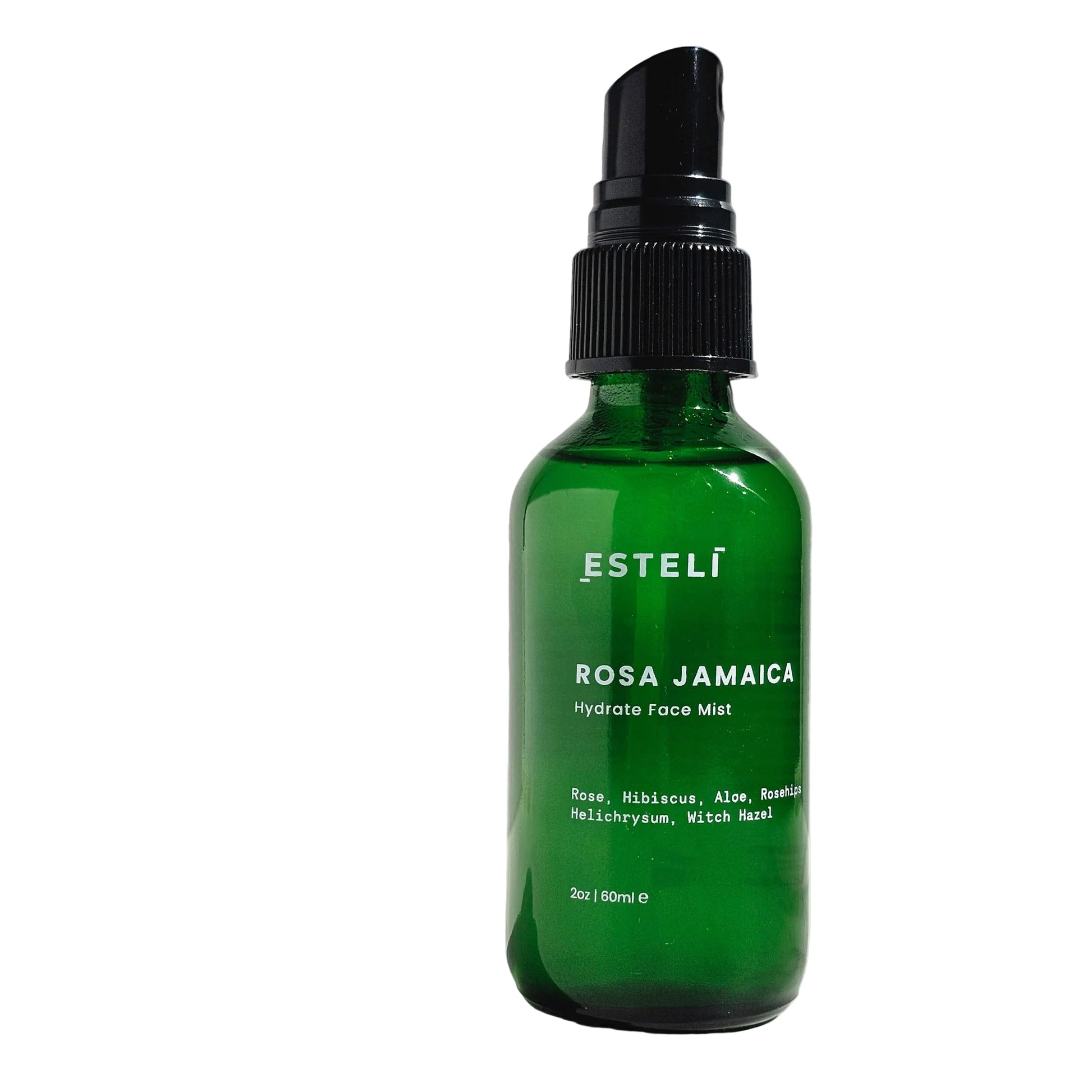 Green bottle of Estéli Rosa Jamaica Hydrate Face Mist on a white background