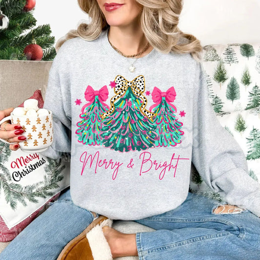 The Pink Christmas Aesthetic: "Merry & Bright" Tree Sweatshirt with Festive Lights & Bows