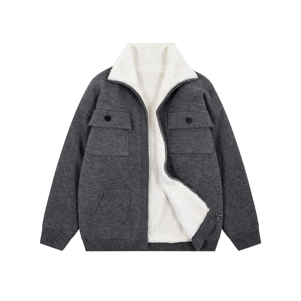 Gray jacket with white fleece lining on a white background. Thick Knitted Sweater Jacket with Added Velvet